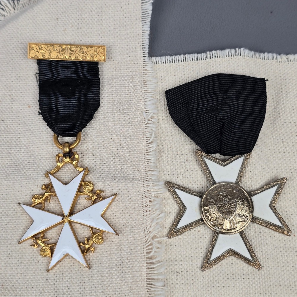2 Antique Masonic Knights Templar Medals Huntington Commandery No 9 K.T. Cross